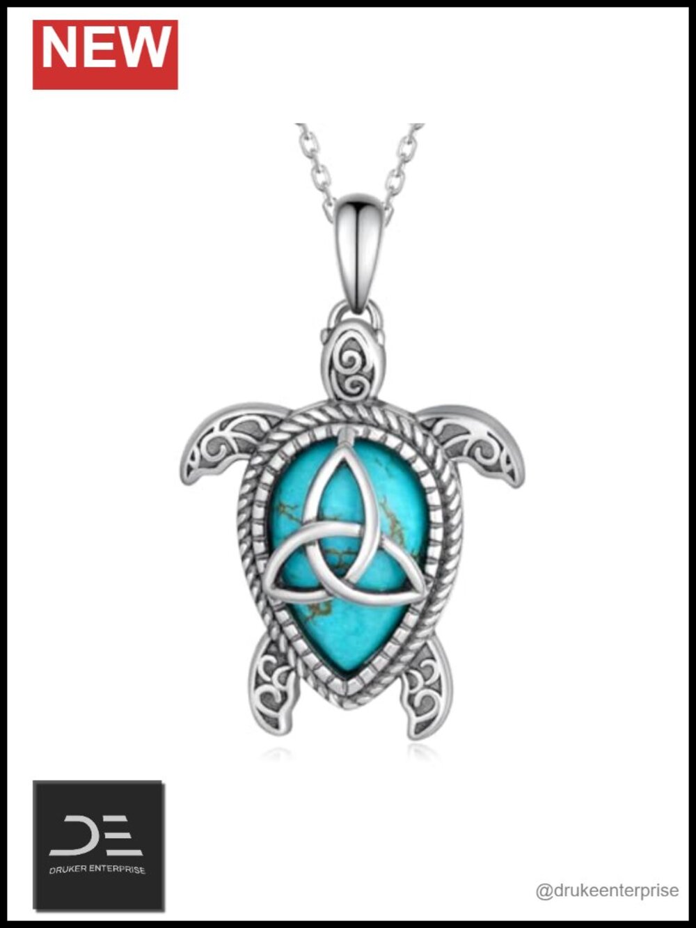 Genuine Turquoise Turtle Pendant Necklace 925 Sterling Silver